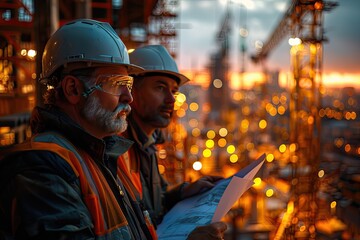 Obraz premium Architects discussing blueprints at a construction site with cranes in the background