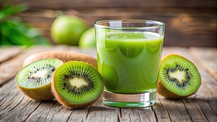 A close-up shot of fresh kiwi fruit and a glass of refreshing kiwi juice, kiwi, fruit, fresh, healthy, green, juicy