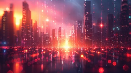 Fototapeta premium A vibrant futuristic cityscape with glowing skyscrapers and a radiant sun setting behind them, reflecting on a water surface, in a digital art style.