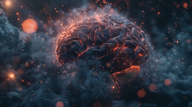 A futuristic-themed 3D brain model is set in fog, characterized by dark hues and detailed neural networks