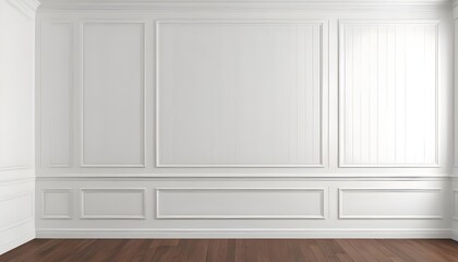 Wall Panels for Classic Modern Interior Architecture Blank White Background with Molding and Wooden Floors. Generative AI