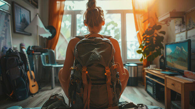 Female backpacker organizing her travel items and packing her backpack in a bright, sunny room