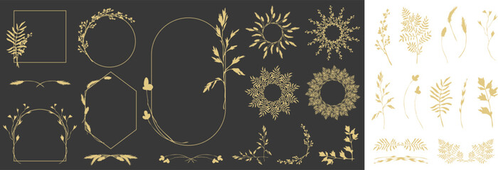 Hand drawn floral frames, borders, dividers, corners with herbs and branches. Botanical vintage foliage for wedding invitation, wall art or card template