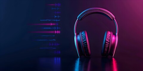 Vibrant sound waves with headphones against dark backdrop for podcast banner. Concept Podcast Banner, Vibrant Sound Waves, Headphones, Dark Background