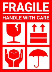 sticker fragile handle with care, red fragile warning label with broken glass symbol, this side up sign, keep dry and avoid liquid sign