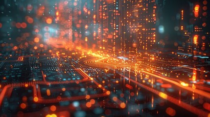 Fototapeta premium Abstract futuristic circuit board with glowing lights and intricate digital pathways representing technology and innovation.