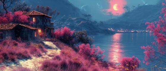 Fototapeta premium oil pain ting style illustration of beautiful Mediterranean seascape coastal paradise with flower blossom, top hill small town with pink bougainvillea flower blossoming