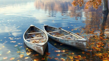 Fototapeta premium Serene Autumn Reflections Canoes on a Still Lake