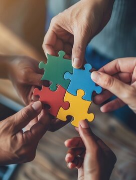 Close up of diverse business people joining colorful puzzle pieces. Business and teamwork concept