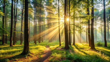 Obraz premium Morning sun filtering through trees in peaceful woods, creating a serene and tranquil atmosphere, nature, forest, sunlight