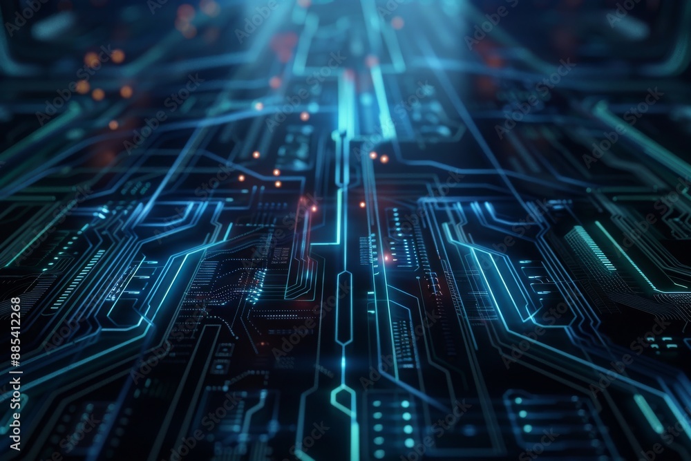 Poster a sleek and futuristic technology background with glowing lines, circuit patterns, and a dark, moder