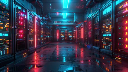 A futuristic blockchain data center with rows of servers processing encrypted transactions and maintaining network stability, showcasing the backbone of digital finance infrastructure.