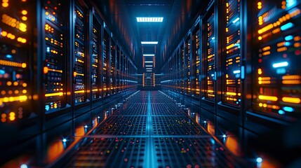 A futuristic blockchain data center with rows of servers processing encrypted transactions and maintaining network stability, showcasing the backbone of digital finance infrastructure.