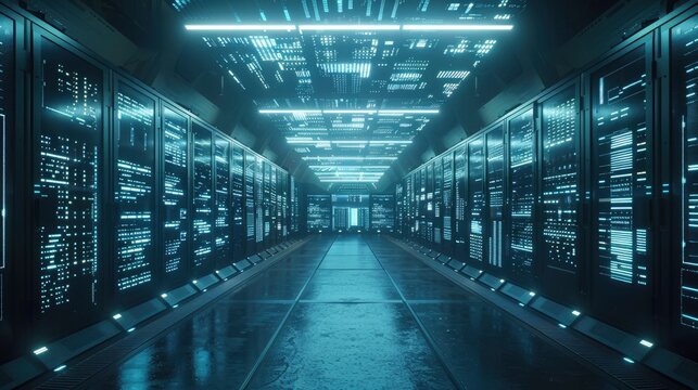 A futuristic blockchain data center with rows of servers processing encrypted transactions and maintaining network stability, showcasing the backbone of digital finance infrastructure.