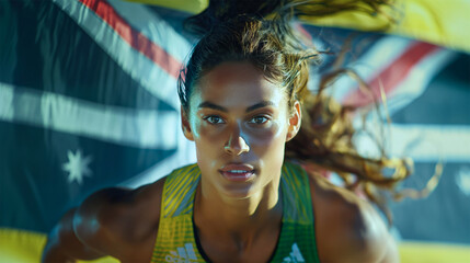 Young female athlete in yellow and green sportswear standing confidently with Australian flag in background, focused expression, outdoor setting 