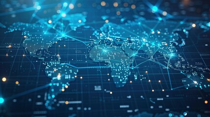 A global map overlaid with digital blockchain nodes and data connections, illustrating the worldwide adoption and integration of blockchain technology in various industries.