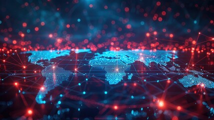 A global map overlaid with digital blockchain nodes and data connections, illustrating the worldwide adoption and integration of blockchain technology in various industries.