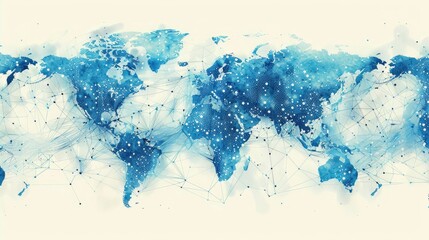 A global map overlaid with digital blockchain nodes and data connections, illustrating the worldwide adoption and integration of blockchain technology in various industries.