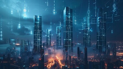 Digital artwork of a virtual cityscape with blockchain symbols hovering above futuristic skyscrapers, representing the integration of blockchain in urban planning and governance.
