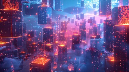 Digital artwork of a virtual cityscape with blockchain symbols hovering above futuristic skyscrapers, representing the integration of blockchain in urban planning and governance.