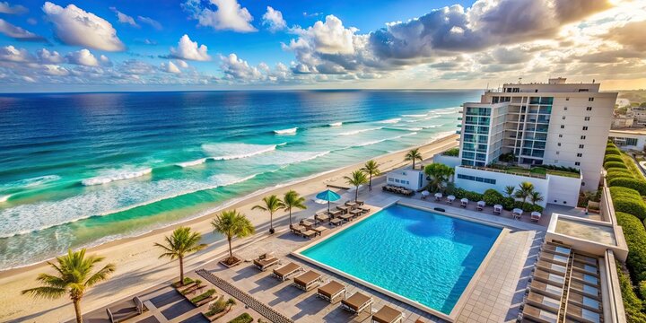 Aerial view of a rooftop pool and hotel in Cancun, Mexico overlooking a beautiful ocean beach, rooftop, pool, hotel, Cancun, Mexico