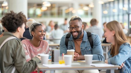 4 Senior students discussing with professors in a bustling cafeteria, Cafeteria, Professors, Senior