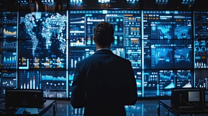 A businessman analyzing blockchain analytics and cryptocurrency market trends on a large digital display, highlighting the real-time data analysis and decision-making in financial markets.