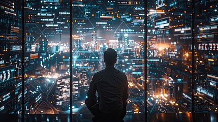 A businessman analyzing blockchain analytics and cryptocurrency market trends on a large digital display, highlighting the real-time data analysis and decision-making in financial markets.