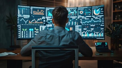 A businessman analyzing blockchain analytics and cryptocurrency market trends on a large digital display, highlighting the real-time data analysis and decision-making in financial markets.