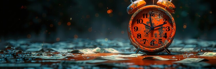 an old alarm clock on a dollar with a black background