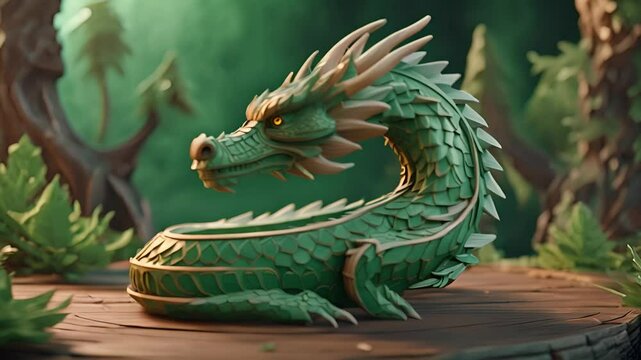 Green dragon with detailed textures slow motion background.