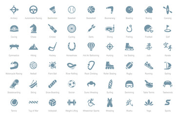 Set of 54 sports icon collection. Collection of 54 kinds of sports and activities. Vector illustration.