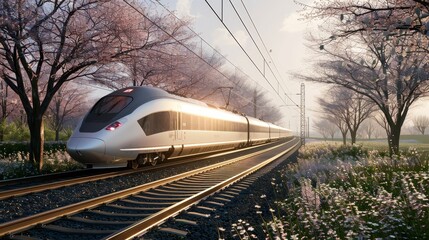 Naklejka premium Spring Velocity HighSpeed Train Racing Through Blossoming Countryside