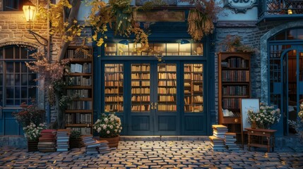 Charming Bookstore on Historic Cobblestone Street A Cozy Haven for Book Lovers © laliz