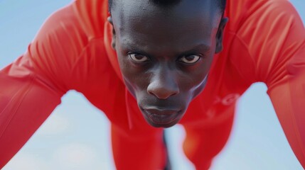 Powerful close-up of athlete in intense starting position, wearing vibrant red suit. Concentration and readiness before race.