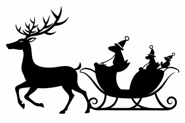 Santa Claus is flying in sleigh with Christmas reindeer. Silhouette of Santa Claus, sleigh with Christmas presents and reindeer