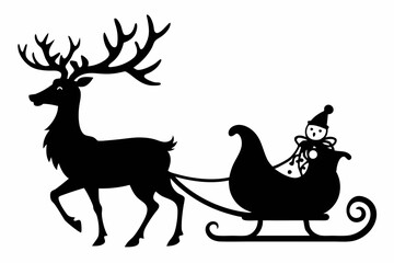 Santa Claus is flying in sleigh with Christmas reindeer. Silhouette of Santa Claus, sleigh with Christmas presents and reindeer