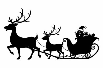 Santa Claus is flying in sleigh with Christmas reindeer. Silhouette of Santa Claus, sleigh with Christmas presents and reindeer