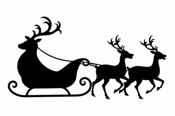 Santa Claus is flying in sleigh with Christmas reindeer. Silhouette of Santa Claus, sleigh with Christmas presents and reindeer