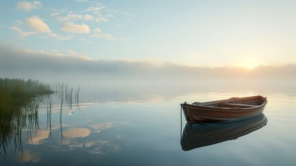 Obraz premium Tranquil Dawn Serene Wooden Fishing Boat on Misty Lake
