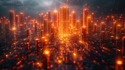 Fototapeta premium Futuristic cityscape with glowing orange lights on a circuit board, depicting advanced technology and modern infrastructure.