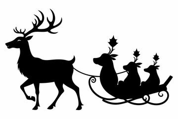 Santa Claus is flying in sleigh with Christmas reindeer. Silhouette of Santa Claus, sleigh with Christmas presents and reindeer
