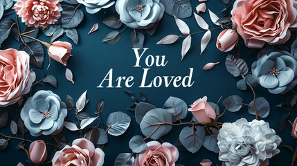 Positive affirmation "You Are Loved" in stylish typography with a monochrome floral background