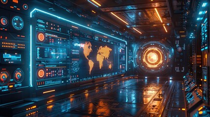 Fototapeta premium Futuristic control room with advanced technology, vibrant screens, and glowing interfaces creating a sci-fi atmosphere.