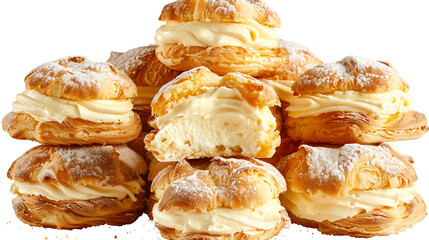 A stack of French cream puffs with some slices showing the inside cream, all displayed on a transparent background for versatile design applications 