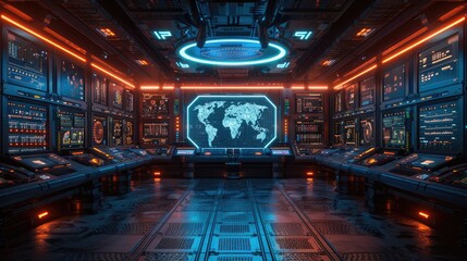 Futuristic control room with world map screen, advanced technology, neon lights, and high-tech equipment for data analysis and monitoring.