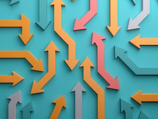Colorful 3D arrows on a blue background, symbolizing direction, choice, and complexity in a vibrant and dynamic abstract pattern.