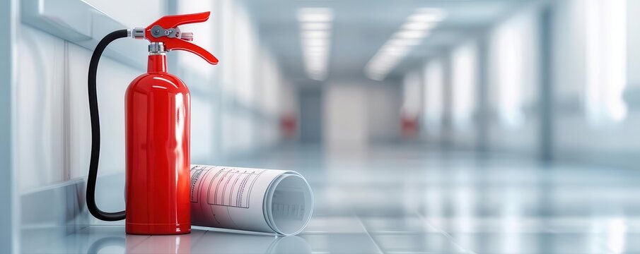 Safety plan and fire extinguisher in a hospital hallway, showcasing critical emergency measures