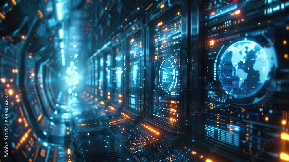 Poster futuristic data center with glowing screens and digital interfaces, representing advanced technology