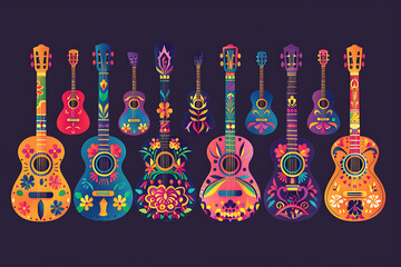 Cartoon Mexican guitars, vector latin music instruments of mariachi musicians with bright flower patterns, Calavera skulls and Mexico ethnic ornaments. 